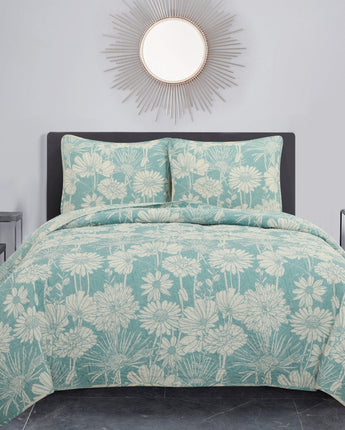Abiola 3 Piece Floral Quilt Set, Teal
