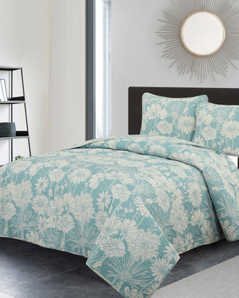 Abiola 3 Piece Floral Quilt Set, Teal