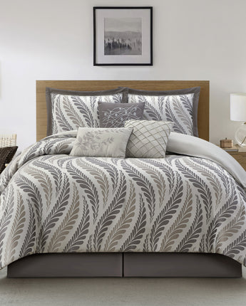 Capella 7 Piece Leaves Comforter Set, Silver/Taupe