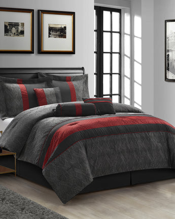 Corell 7-Piece Comforter Set, Black/Red, Geometric, Patchwork