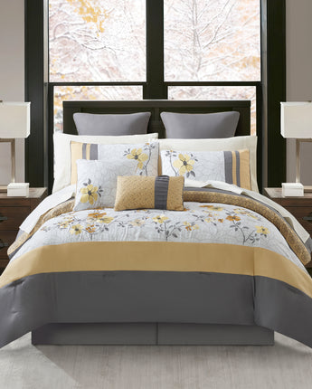 Candice 12-Piece Floral Comforter Set, Grey/Yellow