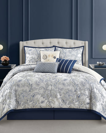 Elisia Leaves 7-Piece Comforter Set, Navy