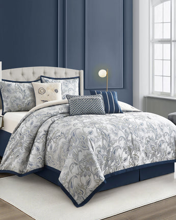 Elisia Leaves 7-Piece Comforter Set, Navy