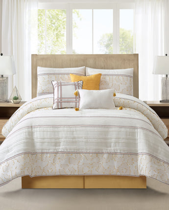 Ferdinico 7 Piece Stripe Comforter Set, White/Yellow