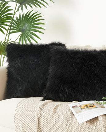 Flafia Faux Fur Fluffy Throw Pillow Covers, Black, Set of 2