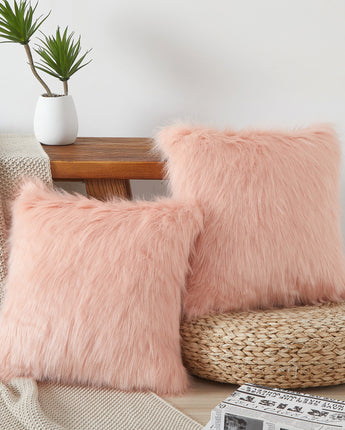 Flafia Faux Fur Fluffy Throw Pillow Covers, Solid Rose Blush, Set of 2