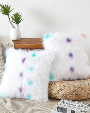 Flafia Faux Fur Fluffy Throw Pillow Covers, White, Purple/Blush Dot, Set of 2
