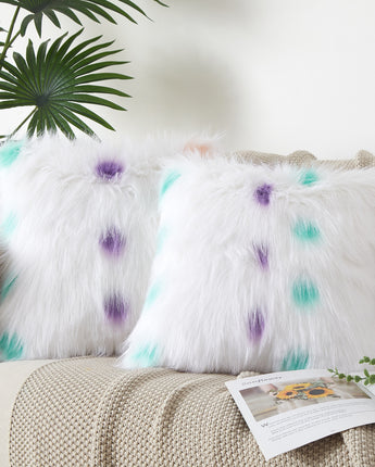 Flafia Faux Fur Fluffy Throw Pillow Covers, White, Purple/Blush Dot, Set of 2