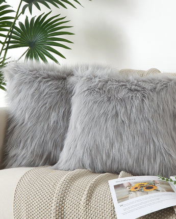 Flafia Faux Fur Fluffy Throw Pillow Covers, Grey,  Set of 2