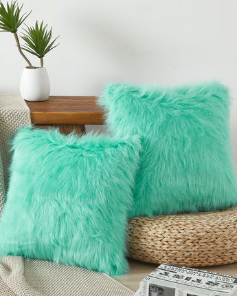 Flafia Faux Fur Fluffy Throw Pillow Covers, Mint Green, Set of 2