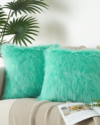 Flafia Faux Fur Fluffy Throw Pillow Covers, Mint Green, Set of 2