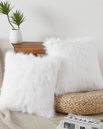 Flafia Faux Fur Fluffy Throw Pillow Covers, White, Set of 2