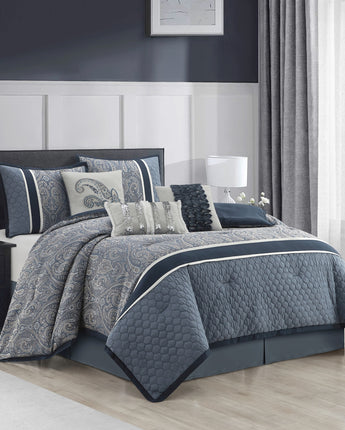 Geraldine 7 Piece Comforter Set, Navy, Paisley
