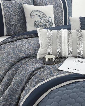 Geraldine 7 Piece Comforter Set, Navy, Paisley