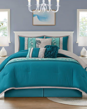 Juliana Floral 7-Piece Comforter Set, Teal/Grey