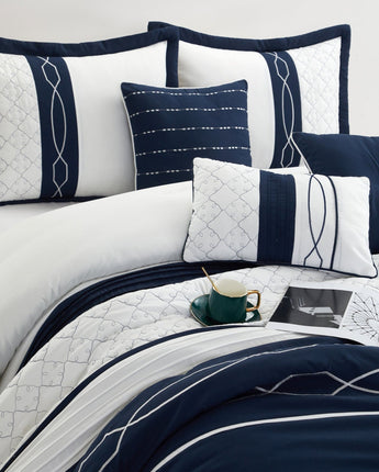 Penley 7-Piece Comforter Set, Navy/White, Geometric