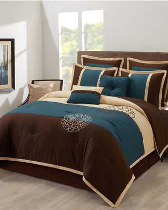 Phoebe Faux Silk 8-Piece Comforter Set, Brown/Blue