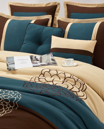 Phoebe Faux Silk 8-Piece Comforter Set, Brown/Blue