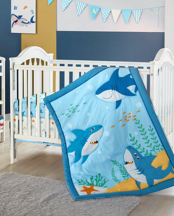 Baby Shark 3 Piece Nursery Crib Bedding Set, Blue, 33 x 42, Animal Print