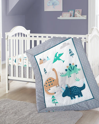Cute Baby Dinosaur 3 Piece Baby Nursery Crib Bedding Set, Grey/White, 33 x 42, Animal Print