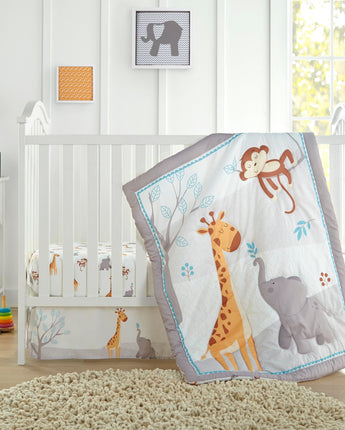 Happy Giraffe and Elephant 3 Piece Baby Nursery Crib Bedding Set, Grey/White, 33 x 42, Animal Print