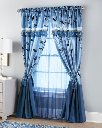 Pastora Room Darkening Floral Leaves 4-Piece Luxury Window Set, Blue