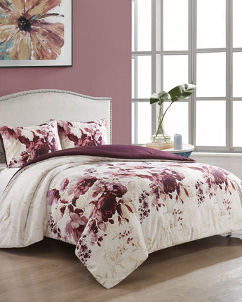 Annabella Floral 3-Piece Comforter Set, White/Purple