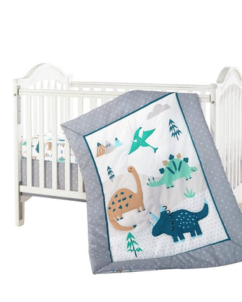 Cute Baby Dinosaur 3 Piece Baby Nursery Crib Bedding Set, Grey/White, 33 x 42, Animal Print