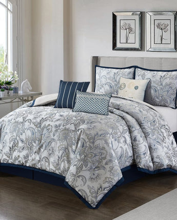 Elisia Leaves 7-Piece Comforter Set, Navy