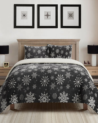 Flakes 3 Piece Sherpa Comforter Set, Black/White, Flakes