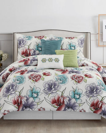 Floranda 7 Piece Comforter Set, White, Floral