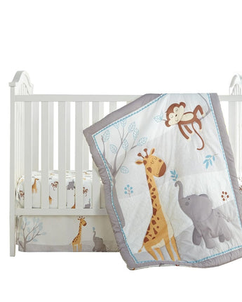 Happy Giraffe and Elephant 3 Piece Baby Nursery Crib Bedding Set, Grey/White, 33 x 42, Animal Print