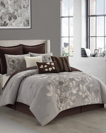 Korra 7 Piece Comforter Set, Brown/Grey, Floral