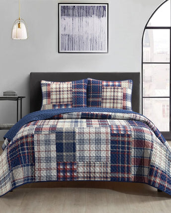 Mareline Plaid 3 Piece Quilt Set, Blue