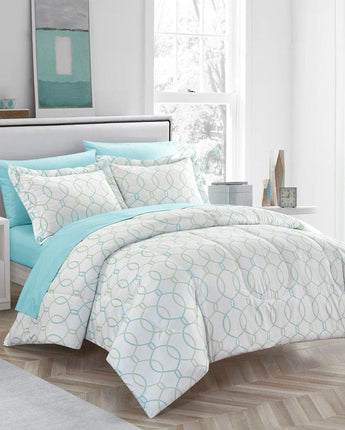 Monarch 7-Piece Bed-In-A-Bag, White/Aqua, Geometric