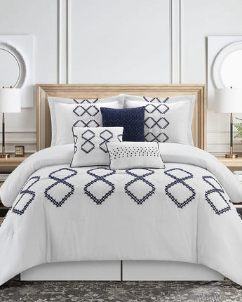 Nataly 7 Piece Comforter Set, White/Blue, Geometric