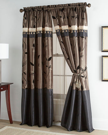Pastora Room Darkening Rod Pocket Floral Leaves 4-Piece Luxury Window Set, Black/Brown