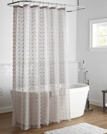 Payton Pom Pom Sheer Buttonhole Shower Curtain, Grey Gray