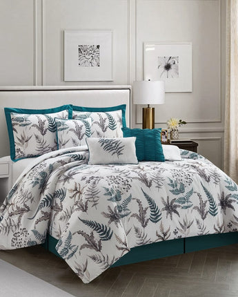 Polina 7 Piece Comforter Set, White/Aqua, Leaves
