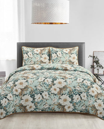 Rosehip 3 Piece Quilt Set, Green/White, Floral