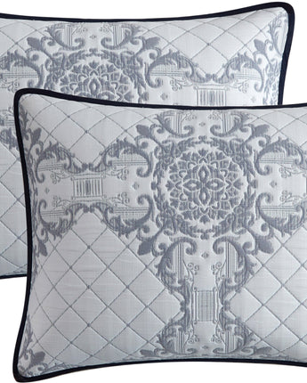 Sharai 3 Piece Quilt Set, Grey, Damask