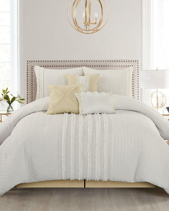 Sutton 7 Piece Comforter Set, Ruffled, White/Yellow