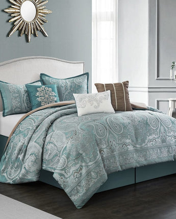 Tamela 7-Piece Comforter Set, Paisley, Aqua