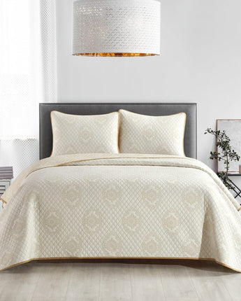 Valentine 3 Piece Quilt Set, Ivory, Geometric Jacquard Cameo Motif