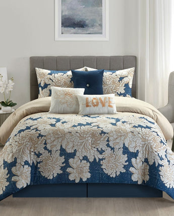 Wealthy 7 Piece Floral Comforter Set, Blue/Beige